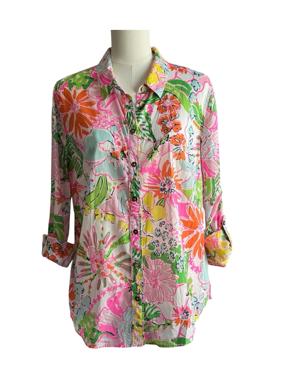 Lilly Pulitzer For Target Vibrant Floral Button-Front, Long Sleeve Shirt Size XL
